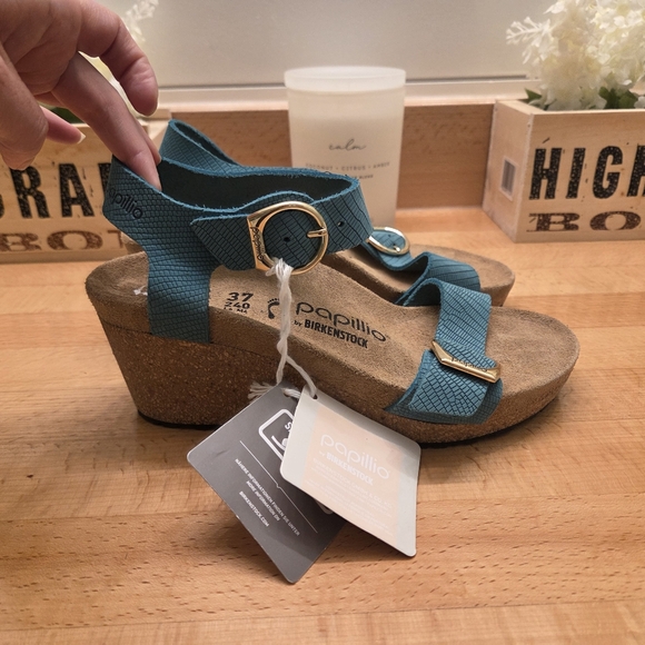 Birkenstock Shoes - Birkenstock Papillio Sibyl Embossed Leather Wedge Sandals Biscay Bay Size 37 NEW